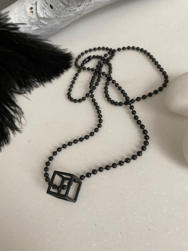 Metal cube necklace, mens geometric pendant, black cube pendant, unisex 3d square pendant, fathers gift, black chain necklace, mens gift image 2