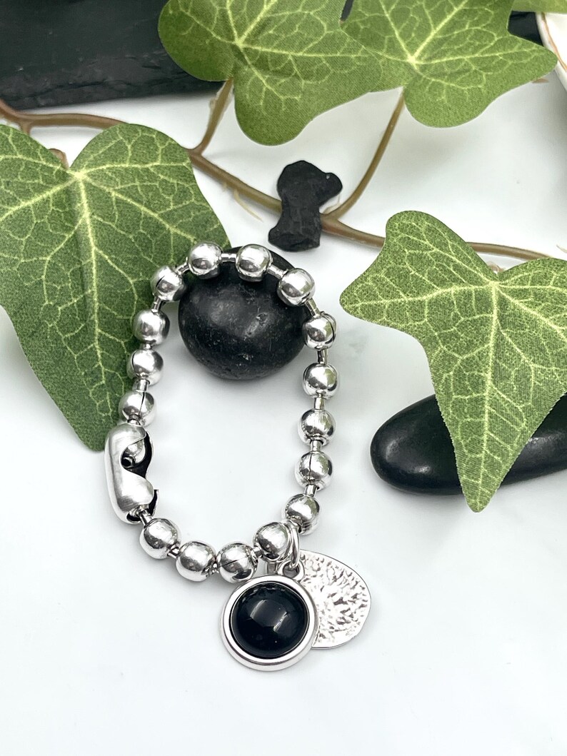 Pulsera de plata para mujer, pulsera de cadena gruesa con piedra negra, pulsera de cadena de bolas gruesa de plata, pulsera estilo Uno de 50, regalo para mujer imagen 12