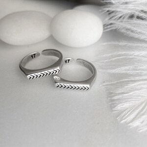 Rectangular Signet Engraved Arrow Open Ring: Stackable Adjustable Silver Ring
