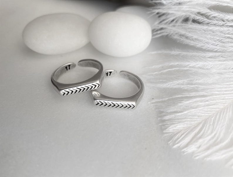 Rectangular Signet Engraved Arrow Open Ring: Stackable Adjustable Silver Ring