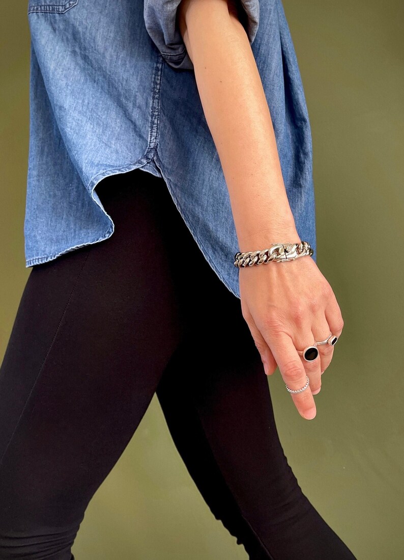 Chunky Stainless Steel Buckle Curb Chain Bracelet: Solid Waterproof Rock Style Chain