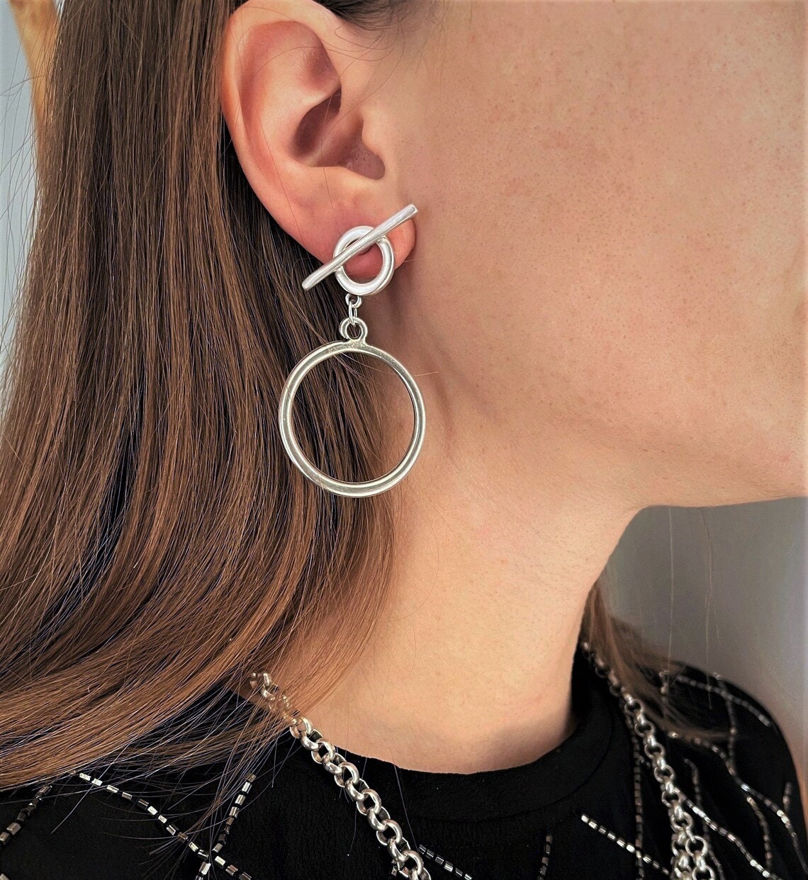 Geometric Asymmetric Key Lock Dangle Hoop Earrings Simple Gold Silver  Plated Big Round Circle Drop Stud Earrings for Women Girls