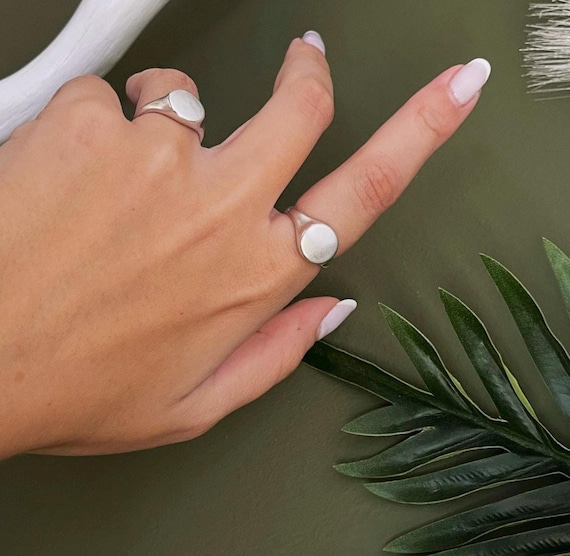 Dainty Smooth Antique Silver Signet Ring• Geometric Adjustable