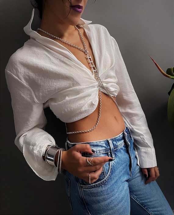 Silver Sharp Rolo Chain Body Jewelry• Statement Extraordinary Body Harness• Modern Rock Festival Body Chain AnAngelsHug• Festival Wear Gift