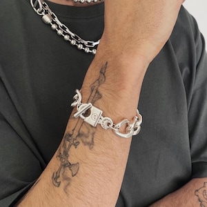 Chunky Silver Curb Chain Padlock Mens Bracelet• Antique Silver Cuban Link Bracelet• Rock Style Chain Padlock Bracelet by AnAngelsHug