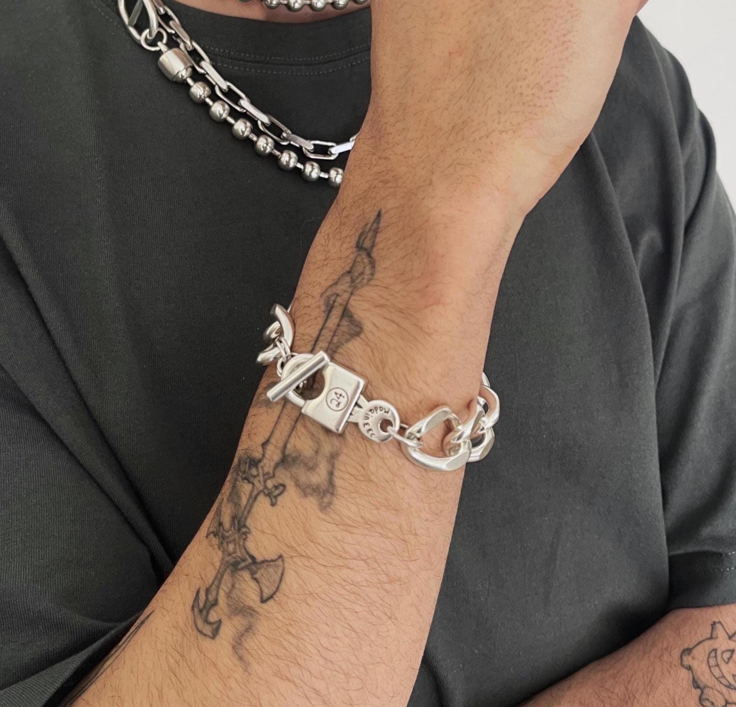 Chunky Silver Curb Chain Padlock Mens Bracelet• Antique Silver Cuban Link Bracelet• Rock Style Chain Padlock Bracelet by AnAngelsHug