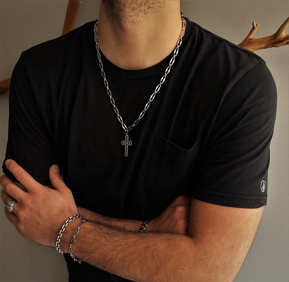 Mens Long Rhombus Chain Silver Cross 