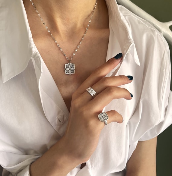 Silver Byzantine Cross Ring Square Cross Adjustable Signet Ring Christian Cross Ring Engraved Cross Chevalier Ring Religious Cross Ring Etsy UK