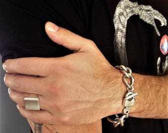 Gros bracelet pour homme avec cadenas à chaîne gourmette en argent, bracelet à maillons cubains en argent antique, bracelet à cadenas à chaîne de style rock, manchette épaisse unisexe