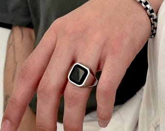 Mens Square Onyx Ring• Mens Silver Black Geometric Ring• Mens Brutalist Ring• Biker Ring• Engagement Ring by AnAngelsHug• Boyfriend Gift