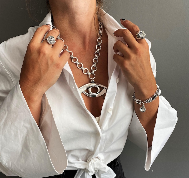 Silver large evil eye protection necklace, antique silver chunky chain bold evil eye choker, evil eye rock style necklace, statement choker image 1