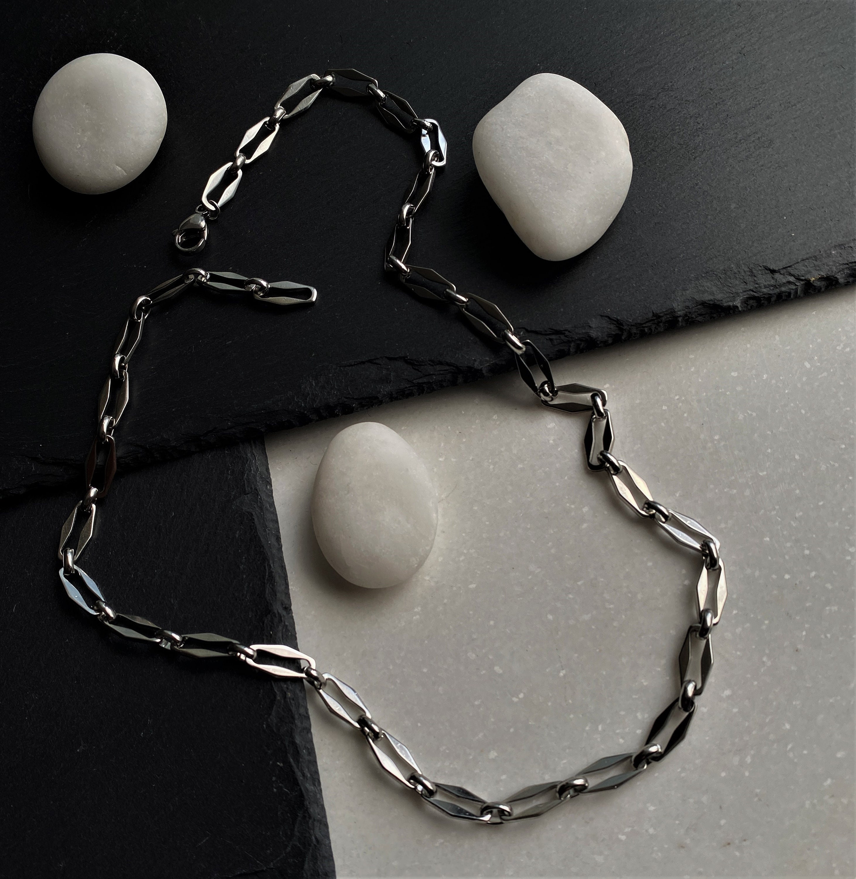 Mens Oval Chain Necklace, Mens Short Dark Silver Link Chain