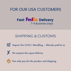 The image is a collage of two sections. The top section is titled "FOR OUR USA CUSTOMERS" and the bottom section is titled "SHIPPING & CUSTOMS". The text in the image is clear and concise, providing information about shipping and customs services offered by Fast FedEx Delivery.