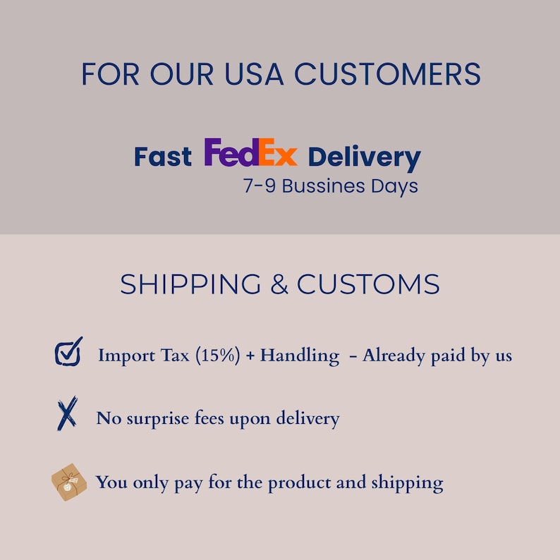 The image is a collage of two sections. The top section is titled "FOR OUR USA CUSTOMERS" and the bottom section is titled "SHIPPING & CUSTOMS". The text in the image is clear and concise, providing information about shipping and customs services offered by Fast FedEx Delivery.
