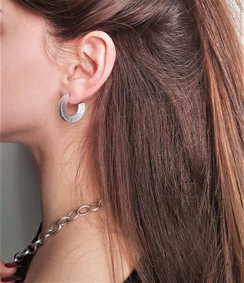 Silver chunky hoop engraved earrings solid silver earrings Etsy