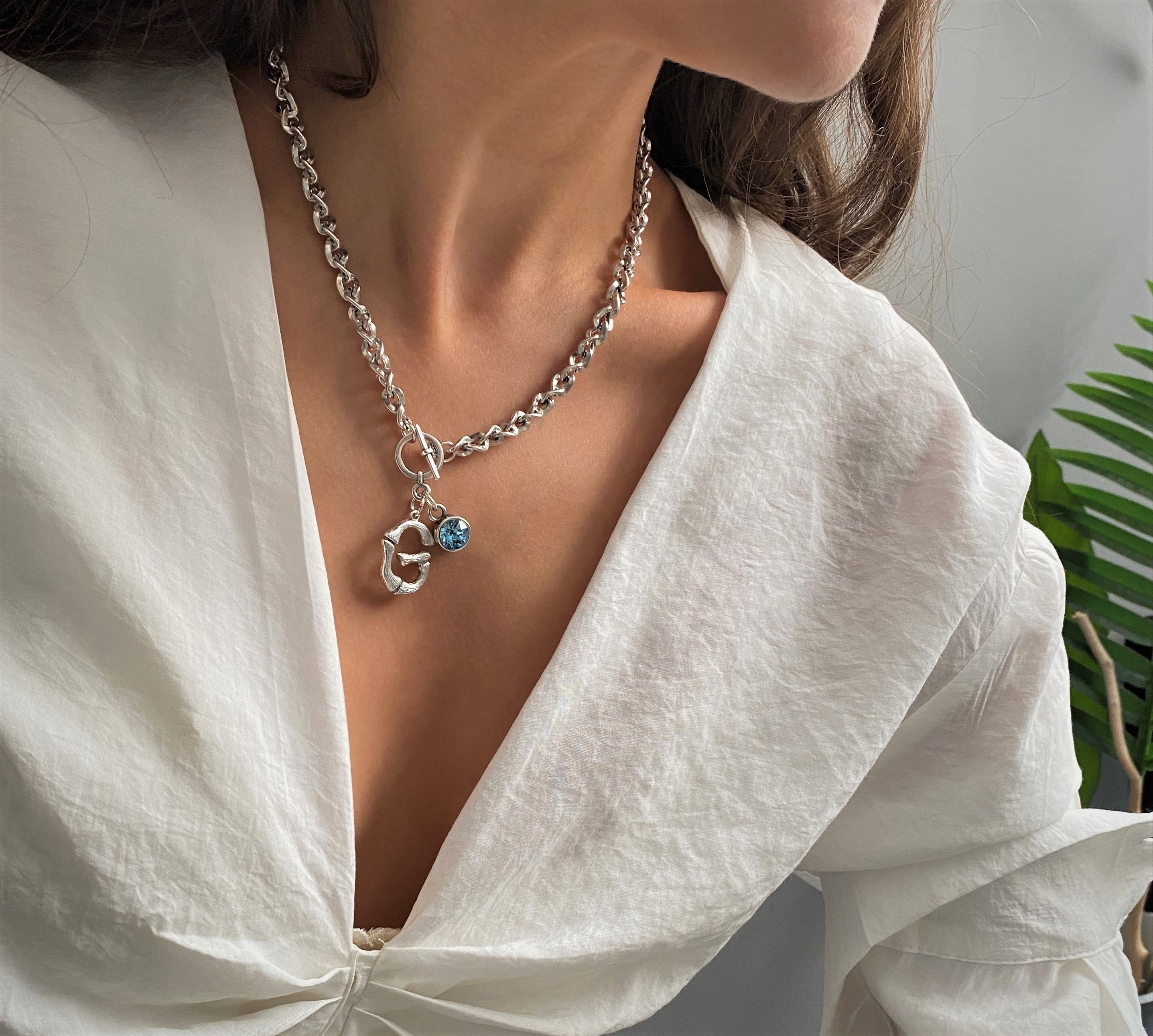 Luxury Swarovski Initial Letter Chain Necklace Silver Plated
