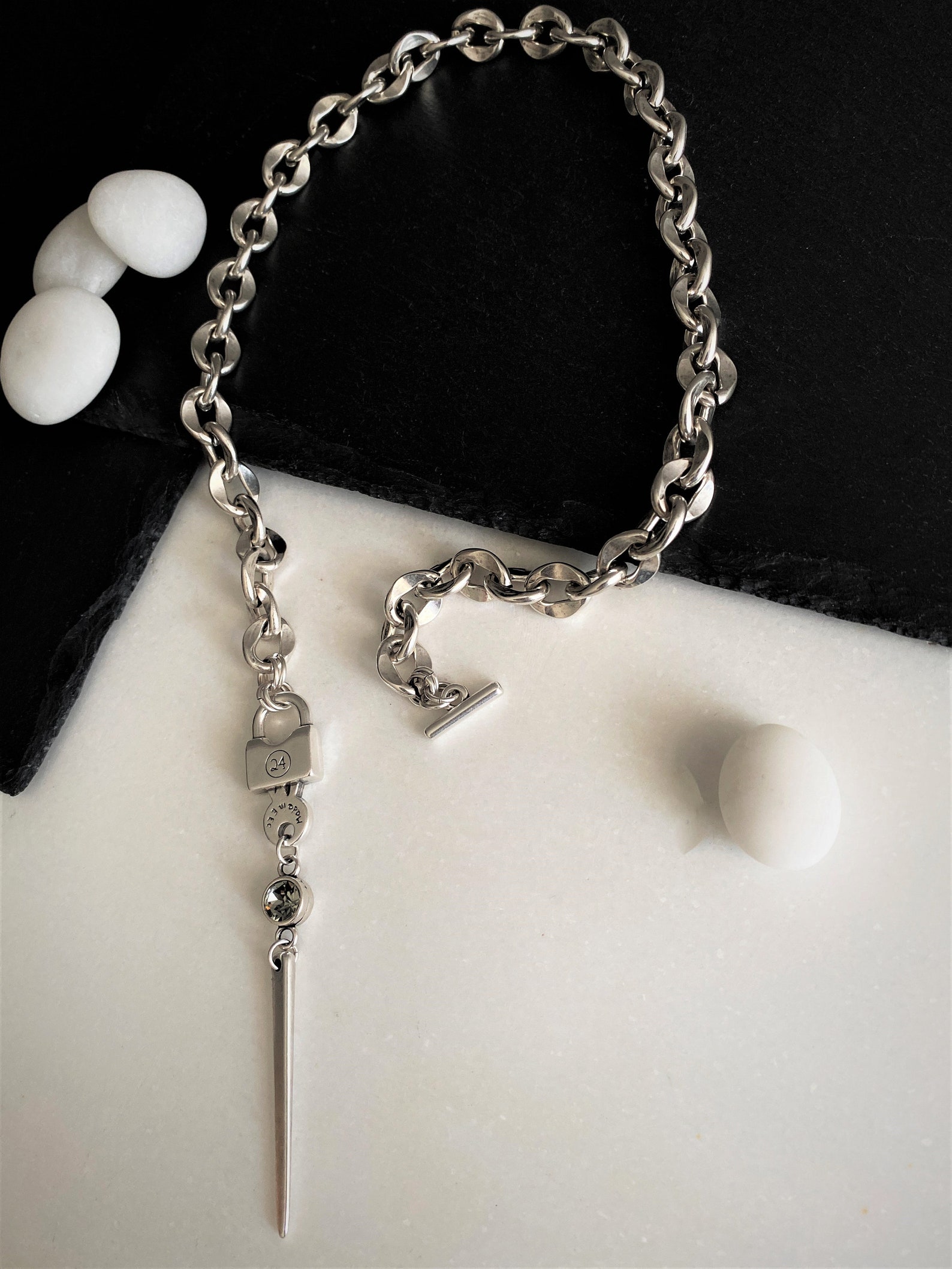 Massive Chain Sharp Padlock Swarovski Necklace Antique Silver - Etsy