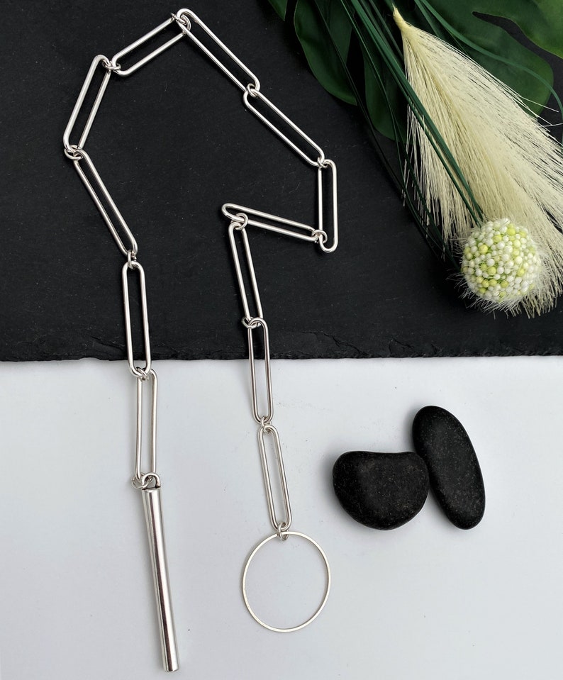 Silver Paperclip Chain Lariat Necklace Elongated Oval Link Etsy