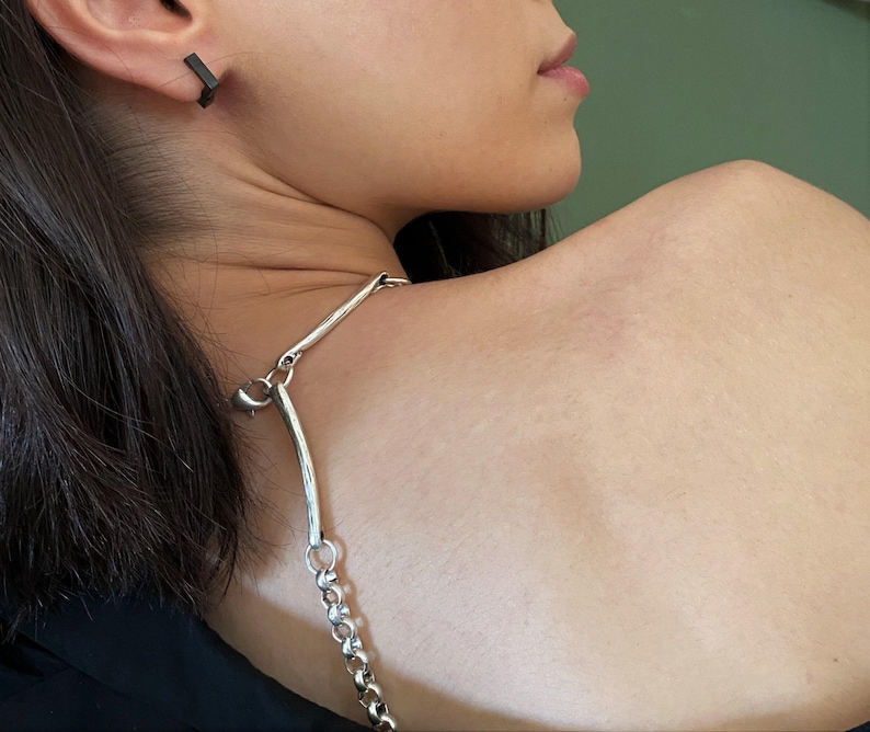 Long Curved Links Adjustable Choker• Rock Style Costume Piece Necklace• Minimal Dark Silver Short Necklace• by AnAngelsHug• Gift For Her