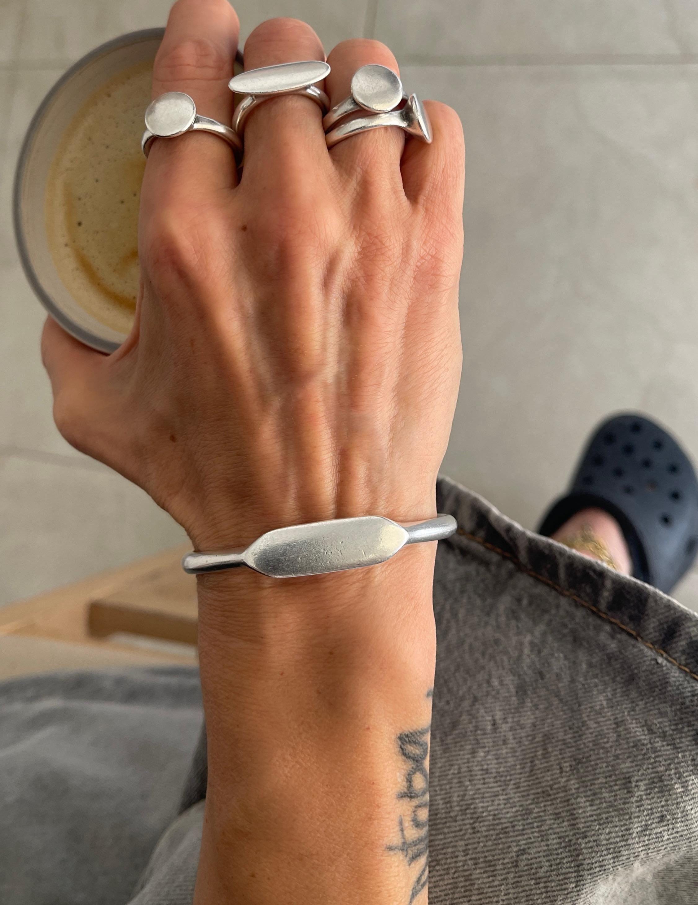 Heavy Thick Silver Plated Signet Rectangular Bracelet, Open Silver 