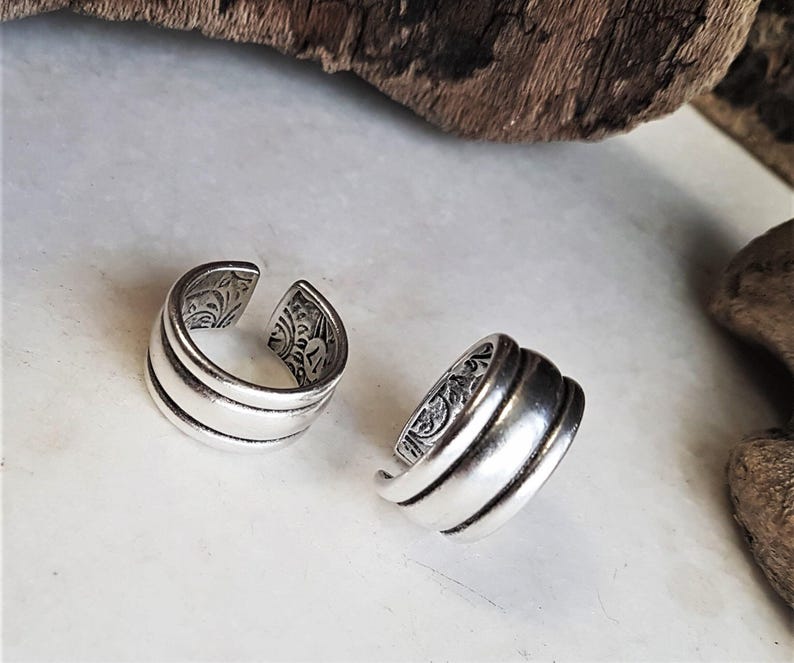 Mens Simple Three Lines Wide Band Ring• Antique Silver Everyday Smooth Pinky Cuff Ring• Engraved Modern Rock Open Ring• by AnAngelsHug