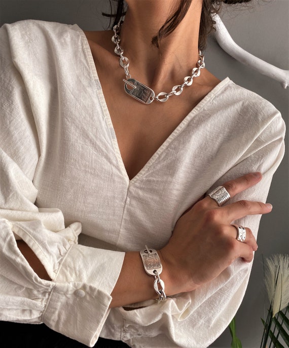 Antique Silver Bold Chain Necklace, Uno De 50 Style Chain Necklace, Oxidized Silver Chunky Link Chain Necklace, ID Tag Rock Style Choker - Etsy Antique Silver Bold Chain Necklace, Uno De 50 Style Chain Necklace, Oxidized Silver Chunky Link Chain Necklace, ID Tag Rock Style Choker - Etsy
