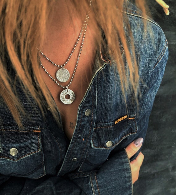 Women's short silver coin necklace engraved coin | Etsy
