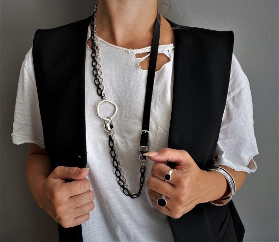 Multi Chains O Ring Long Leather Necklace Bold Black Silver - Etsy