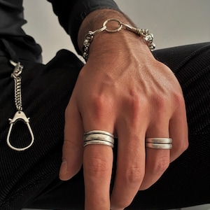 Mens Simple Three Lines Wide Band Ring• Antique Silver Everyday Smooth Pinky Cuff Ring• Engraved Modern Rock Open Ring• by AnAngelsHug