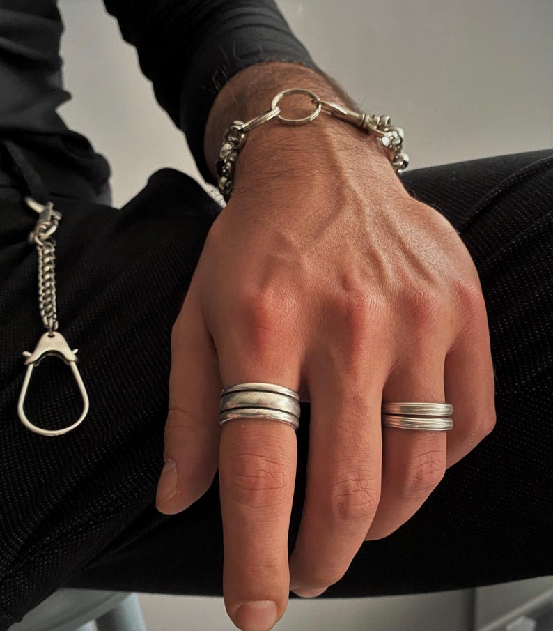 Mens Simple Three Lines Wide Band Ring• Antique Silver Everyday Smooth Pinky Cuff Ring• Engraved Modern Rock Open Ring• by AnAngelsHug