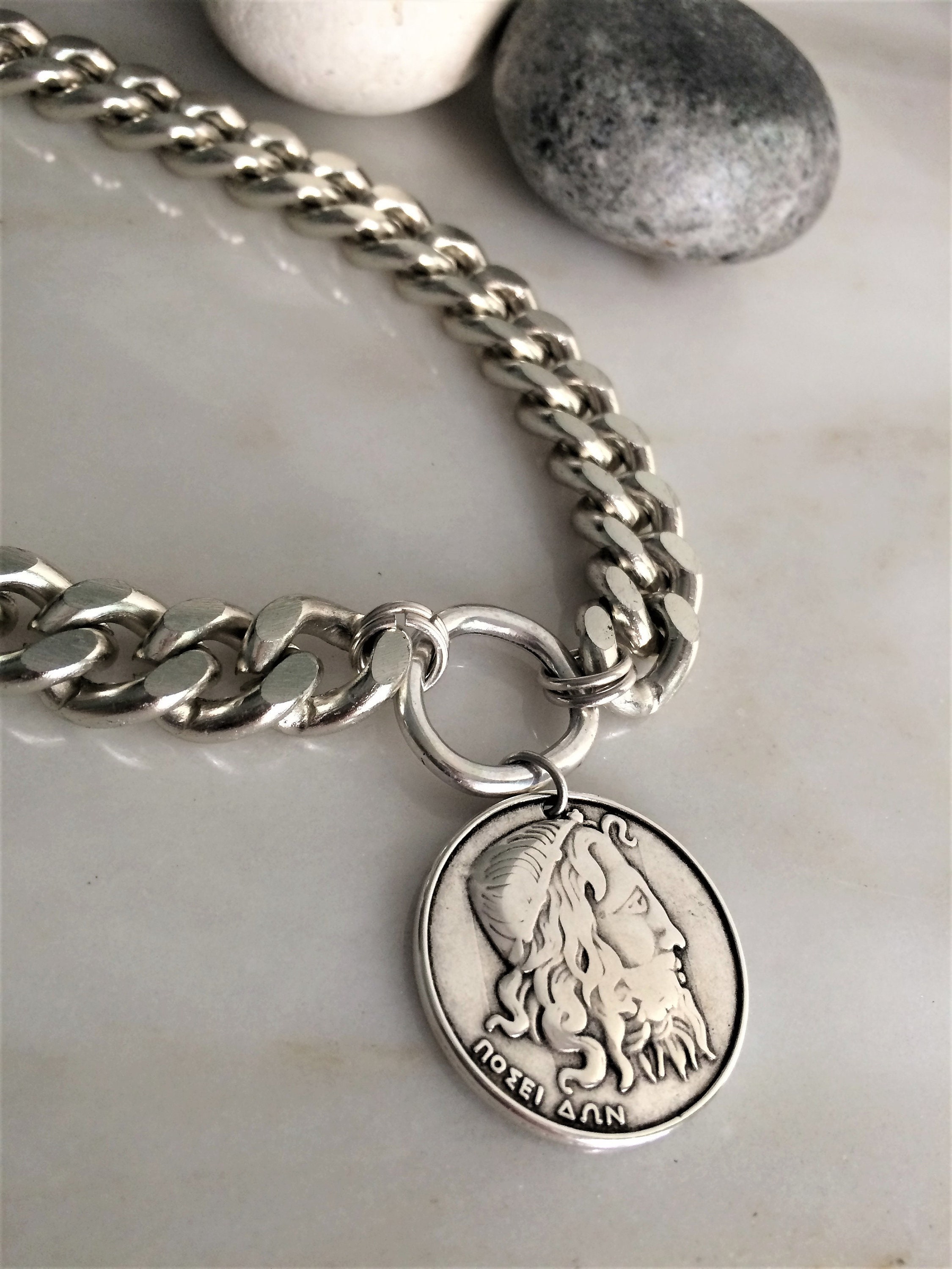 Silver Large Coin Necklace Thick Chain 