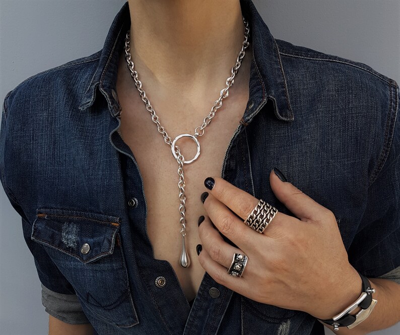 Silver rolo chain lariat necklace womens drop and circle Etsy