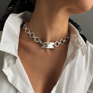 Frauen Antik Silber Halsband, mutige Kette Silber ID-Tag-Kragen, klobige Kette-Rock-Stil Kragen Halskette, gewagte einzigartige Kette Choker Bild 3