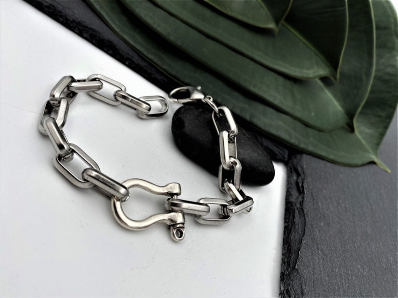 Shiny Stainless Steel Shackle Bracelet Thick Oval Link Chain Etsy