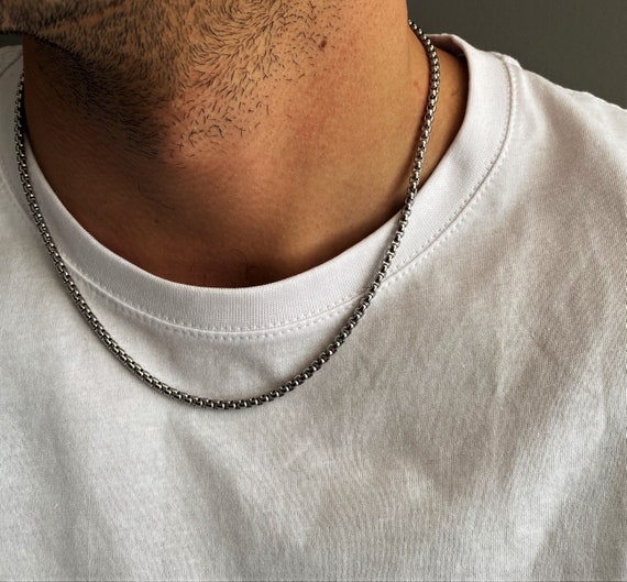 Antique Silver Mens Box Chain Necklace, Unisex Box Link Chain Necklace, Stainless  Steel Chain Necklace, Square Chain Necklace, Mens Jewelry 