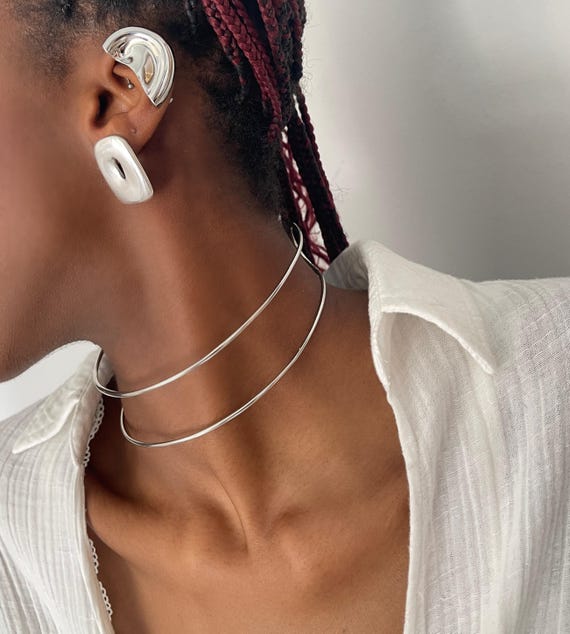 Bold African Style Silver Choker• Elegant Adjustable Double Wire