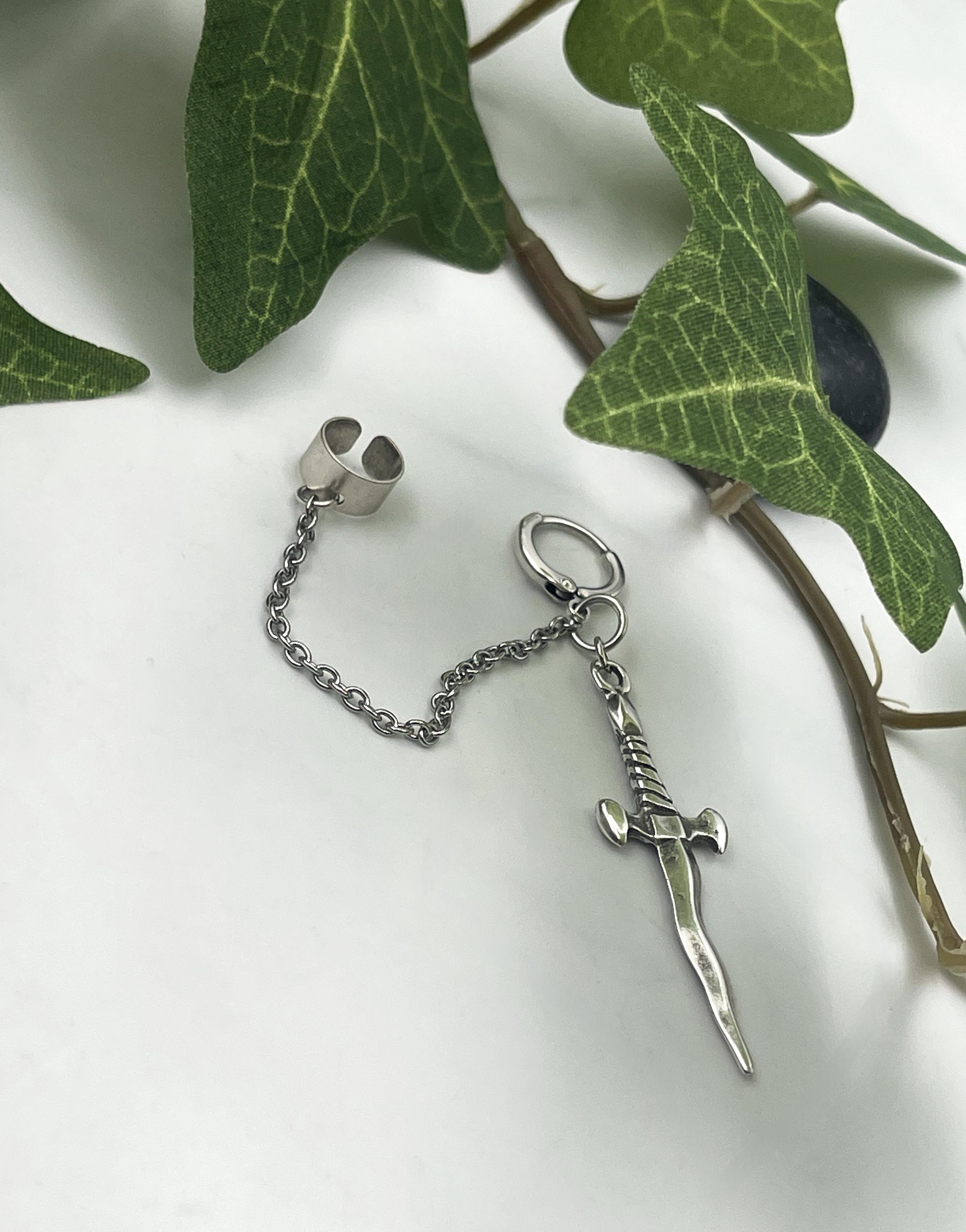 Silver Plated Sword Chain Drop Earring, Edgy Punk Rock