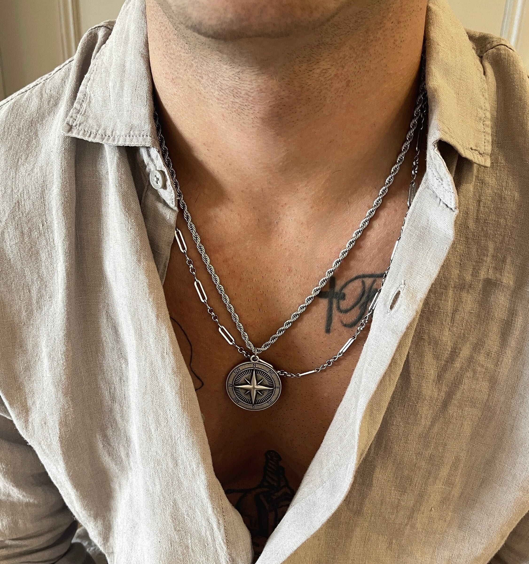 【Sentiments】NO.166 NECKLACE Statement Stainless Steel Chain Compass North Star Necklace