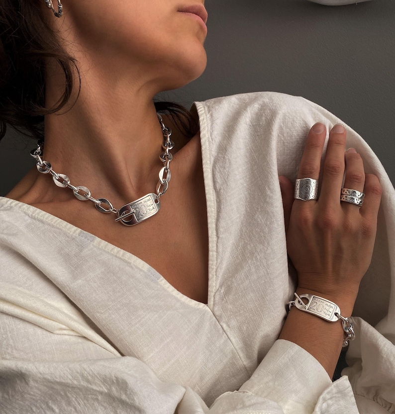 Antique silver bold chain necklace, uno de 50 style chain necklace, oxidized silver chunky link chain necklace, ID tag rock style choker