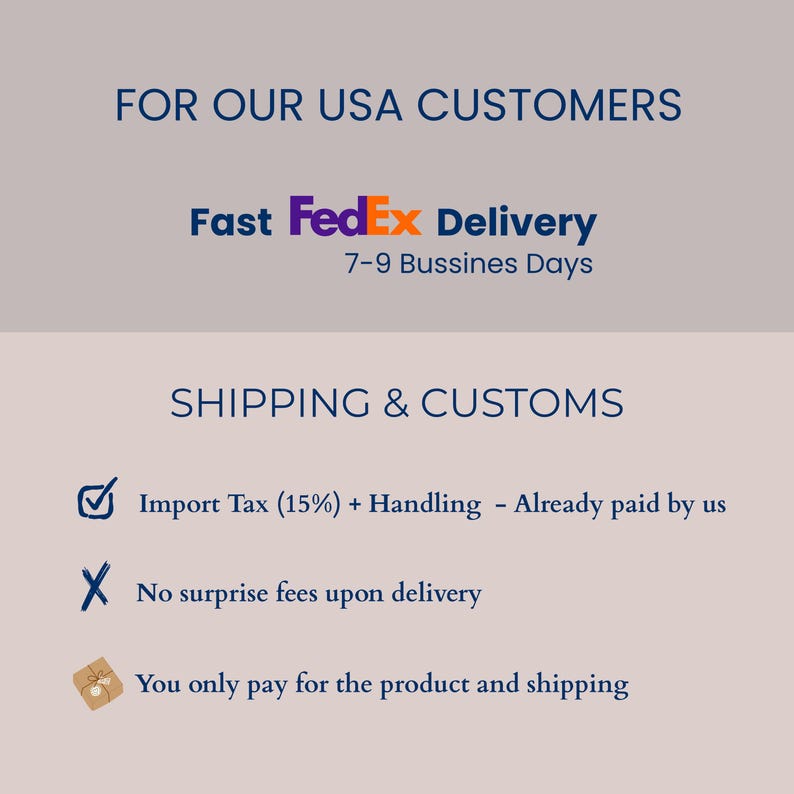 The image is a collage of two sections. The top section is titled "FOR OUR USA CUSTOMERS" and the bottom section is titled "SHIPPING & CUSTOMS". The text in the image is clear and concise, providing information about shipping and customs services offered by Fast FedEx Delivery.