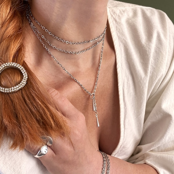 Layering-Kettenhalsband für Damen, silberne Lariat-Halskette mit gehämmerten Stäben, zierliche Wickelkette, minimale Y-förmige Halskette, Muttertagsgeschenk