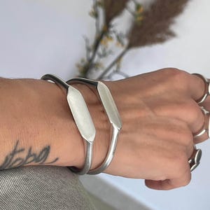 Heavy thick silver plated signet rectangular bracelet, open silver stackable bracelet, womens torque cuff bracelet, minimal smooth bangle