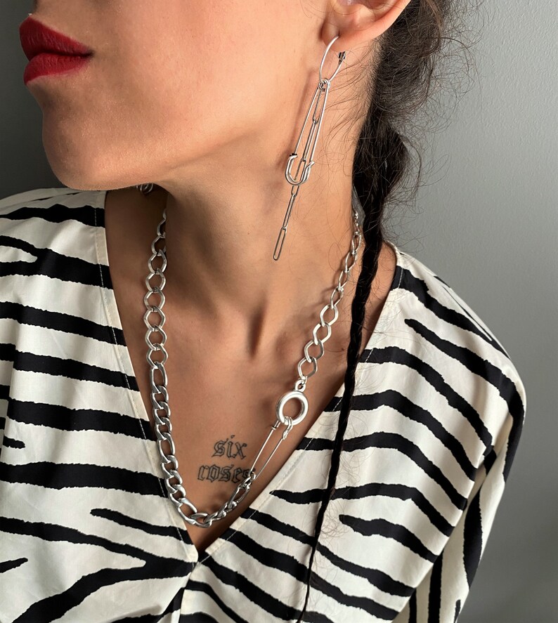 Chunky Mixed Chains Safety Pin Necklace Silver Safety Pin Etsy