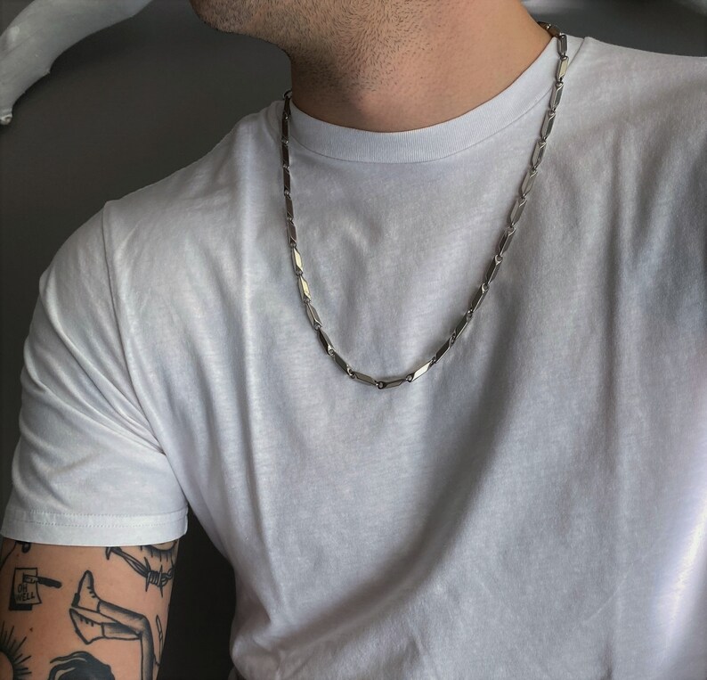 Heavy Stainless Steel Melon Seed Chain Necklace Mens Bar Link Etsy