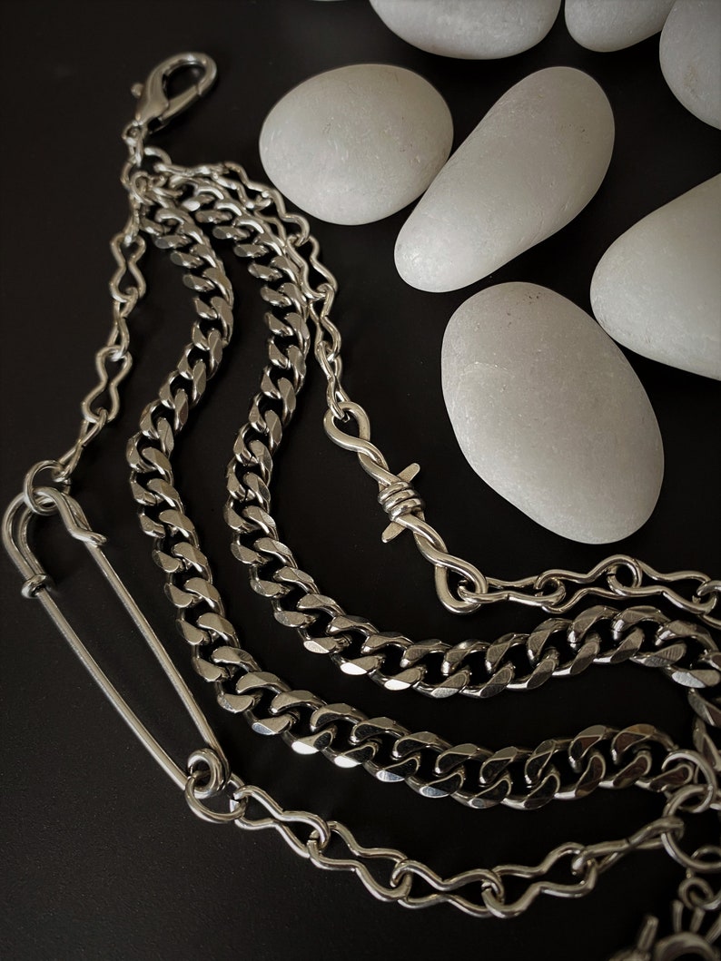 Safety Pin Curb Chains Bracelet Silver Multi Strand Rocker Etsy