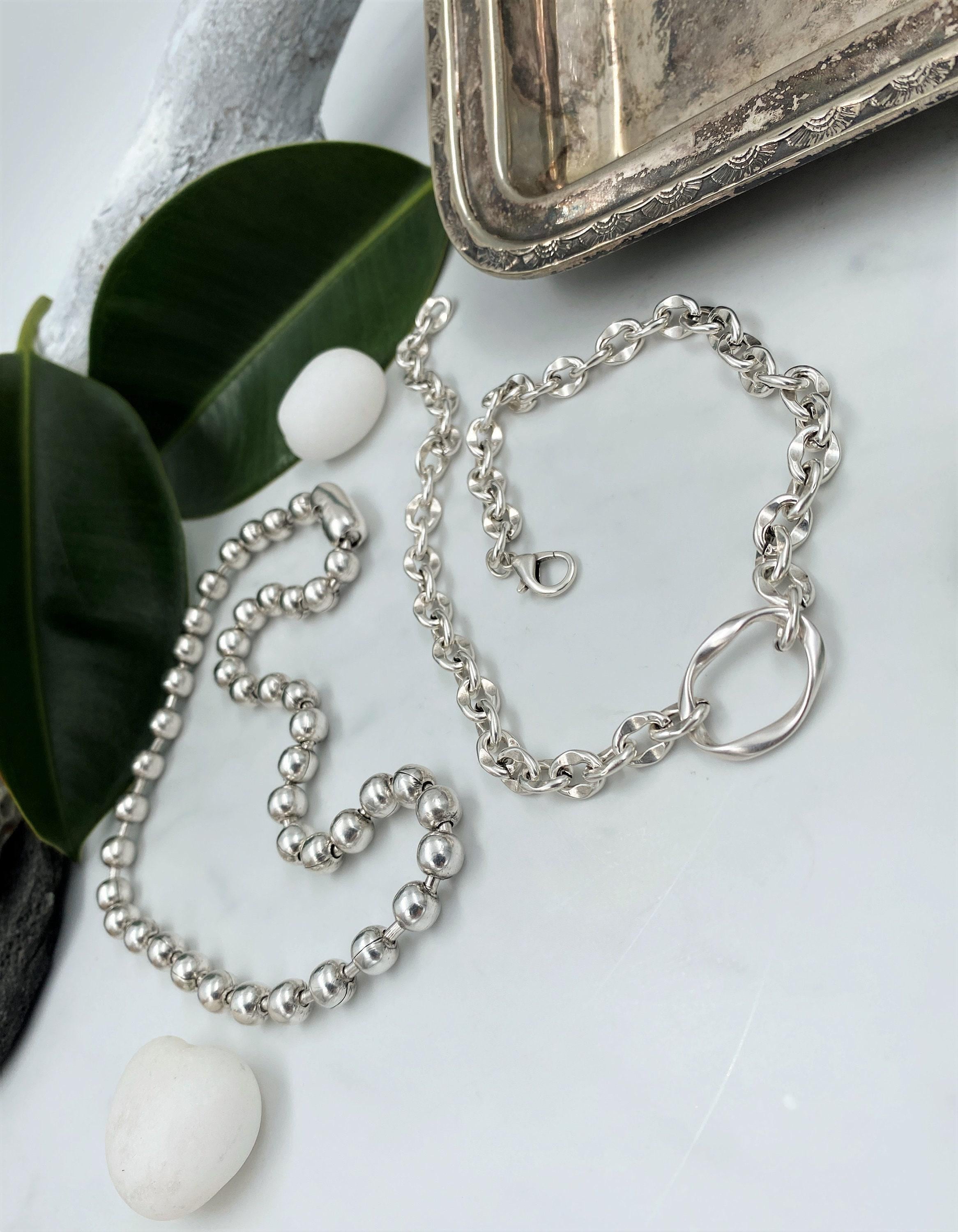 Set of Two Silver Chain Choker Necklaces, Short O Ring Bold Choker