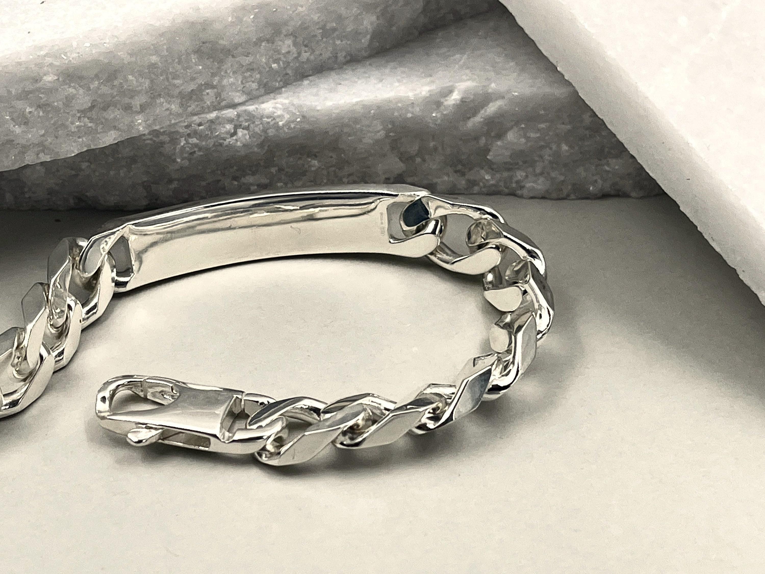 Sterling Silver 925 Heavy ID Tag Bracelet• Gourmette Chain Unisex 