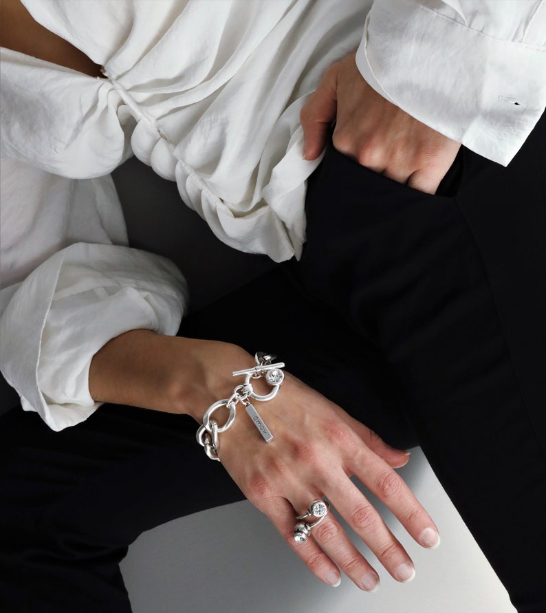 NEW! Swarovski uno de 50 style thick chain bracelet, oversized curb link chain bracelet, chunky antique silver crystal bracelet, gift idea.