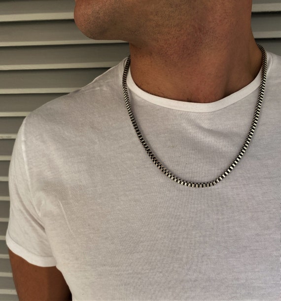Antique Silver Mens Box Chain Necklace 