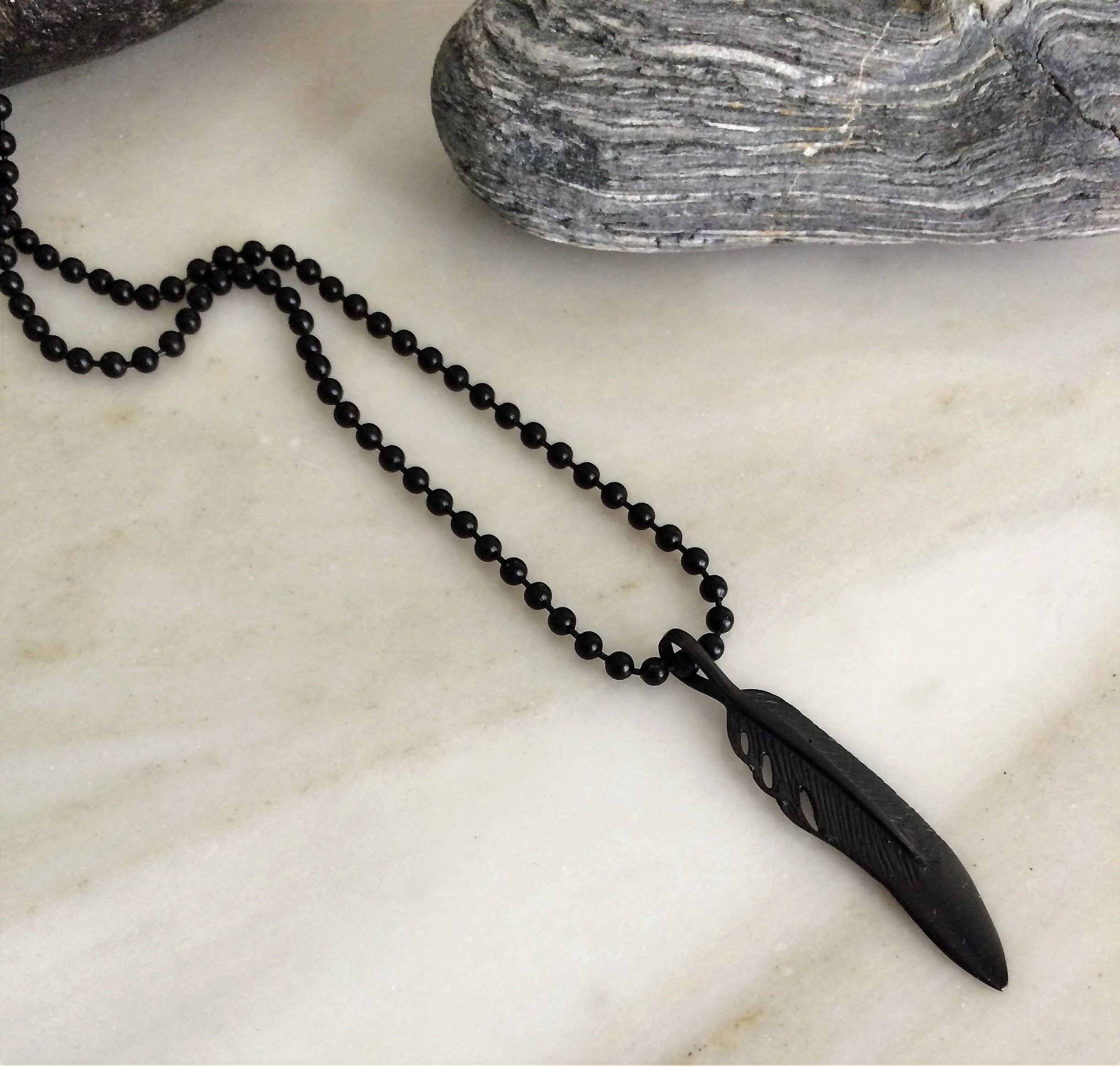 Men's Oxidized Feather Pendant• Black Feather Chain Necklace